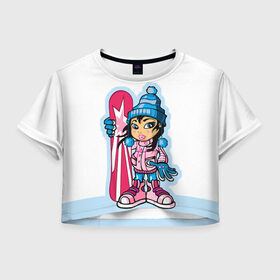 Женская футболка 3D укороченная с принтом Snowboard girl 3 в Курске, 100% полиэстер | круглая горловина, длина футболки до линии талии, рукава с отворотами | Тематика изображения на принте: extreme | girl | snowboard | девушка | сноуборд | экстрим
