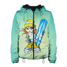 Женская куртка 3D с принтом Snowboard girl 1 в Курске, ткань верха — 100% полиэстер, подклад — флис | прямой крой, подол и капюшон оформлены резинкой с фиксаторами, два кармана без застежек по бокам, один большой потайной карман на груди. Карман на груди застегивается на липучку | Тематика изображения на принте: extreme | girl | snowboard | девушка | сноуборд | экстрим