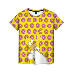 Женская футболка 3D с принтом Пончики Гомера Симпсона в Курске, 100% полиэфир ( синтетическое хлопкоподобное полотно) | прямой крой, круглый вырез горловины, длина до линии бедер | donut | homer | simpson | гомер | еда | плюшка | пончик | симпсон
