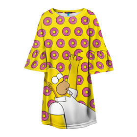 Детское платье 3D с принтом Пончики Гомера Симпсона в Курске, 100% полиэстер | прямой силуэт, чуть расширенный к низу. Круглая горловина, на рукавах — воланы | donut | homer | simpson | гомер | еда | плюшка | пончик | симпсон