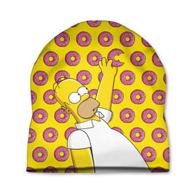 Шапка 3D с принтом Пончики Гомера Симпсона в Курске, 100% полиэстер | универсальный размер, печать по всей поверхности изделия | Тематика изображения на принте: donut | homer | simpson | гомер | еда | плюшка | пончик | симпсон