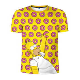 Мужская футболка 3D спортивная с принтом Пончики Гомера Симпсона в Курске, 100% полиэстер с улучшенными характеристиками | приталенный силуэт, круглая горловина, широкие плечи, сужается к линии бедра | donut | homer | simpson | гомер | еда | плюшка | пончик | симпсон