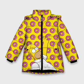 Зимняя куртка для девочек 3D с принтом Пончики Гомера Симпсона в Курске, ткань верха — 100% полиэстер; подклад — 100% полиэстер, утеплитель — 100% полиэстер. | длина ниже бедра, удлиненная спинка, воротник стойка и отстегивающийся капюшон. Есть боковые карманы с листочкой на кнопках, утяжки по низу изделия и внутренний карман на молнии. 

Предусмотрены светоотражающий принт на спинке, радужный светоотражающий элемент на пуллере молнии и на резинке для утяжки. | donut | homer | simpson | гомер | еда | плюшка | пончик | симпсон