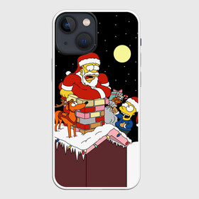 Чехол для iPhone 13 mini с принтом Симпсон   Санта Клаус в Курске,  |  | Тематика изображения на принте: bart | christmas | happy new year | homer simpson | the simpsons | барт | гомер | дед мороз | луна | новый год | олень | подарки | санта | снег | собака | сосульки