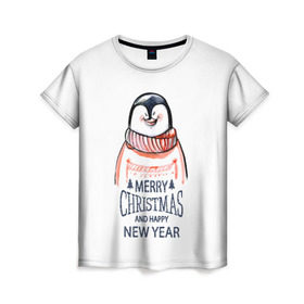 Женская футболка 3D с принтом Happy New Year в Курске, 100% полиэфир ( синтетическое хлопкоподобное полотно) | прямой крой, круглый вырез горловины, длина до линии бедер | 2017 | happy new year | holiday | marry christmas | winter | зима | новый год | пингвин | рождество