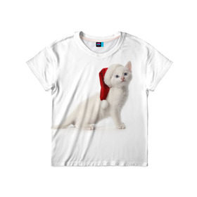 Детская футболка 3D с принтом Киса в Шапочке в Курске, 100% гипоаллергенный полиэфир | прямой крой, круглый вырез горловины, длина до линии бедер, чуть спущенное плечо, ткань немного тянется | cat | christmas | new year | winter | дед мороз | зима | кисы | кошки | новый год | рождество