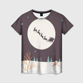 Женская футболка 3D с принтом Олени Санты в Курске, 100% полиэфир ( синтетическое хлопкоподобное полотно) | прямой крой, круглый вырез горловины, длина до линии бедер | christmas | new year | winter | дед мороз | зима | новый год | рождество