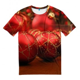 Мужская футболка 3D с принтом Красные украшения в Курске, 100% полиэфир | прямой крой, круглый вырез горловины, длина до линии бедер | Тематика изображения на принте: елка | игрушки | красный | новый год | праздник | украшения