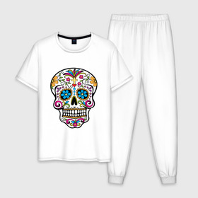 Мужская пижама хлопок с принтом День Мертвых в Курске, 100% хлопок | брюки и футболка прямого кроя, без карманов, на брюках мягкая резинка на поясе и по низу штанин
 | день мертвых | мексика | туризм | череп