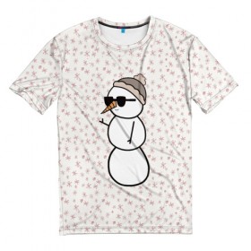 Мужская футболка 3D с принтом Крутой снеговик 2 в Курске, 100% полиэфир | прямой крой, круглый вырез горловины, длина до линии бедер | зима | новогодний | очки | паттерн | рождество | снежинки