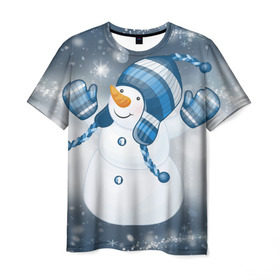 Мужская футболка 3D с принтом С Новым годом! в Курске, 100% полиэфир | прямой крой, круглый вырез горловины, длина до линии бедер | рождество | снеговик | снежинки