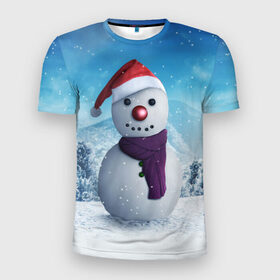 Мужская футболка 3D спортивная с принтом Снеговик в Курске, 100% полиэстер с улучшенными характеристиками | приталенный силуэт, круглая горловина, широкие плечи, сужается к линии бедра | happy new year | блеск | ёлка | зима | игрушки. праздник | конфетти | новый год | подарки | снег
