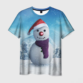 Мужская футболка 3D с принтом Снеговик в Курске, 100% полиэфир | прямой крой, круглый вырез горловины, длина до линии бедер | happy new year | блеск | ёлка | зима | игрушки. праздник | конфетти | новый год | подарки | снег