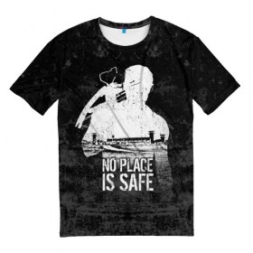 Мужская футболка 3D с принтом No Place is Safe в Курске, 100% полиэфир | прямой крой, круглый вырез горловины, длина до линии бедер | bone | carl | rick | skelet | skull | walking dead | zombie | граймс | зомби | карл | кости | рик | скелет | ходячие мертвецы | череп