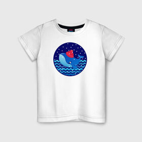 Детская футболка хлопок с принтом Синий кит зимой в Курске, 100% хлопок | круглый вырез горловины, полуприлегающий силуэт, длина до линии бедер | большой синий кит | волны | зима | новый год | океан | синий кит в шапке | снег