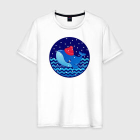 Мужская футболка хлопок с принтом Синий кит зимой в Курске, 100% хлопок | прямой крой, круглый вырез горловины, длина до линии бедер, слегка спущенное плечо. | большой синий кит | волны | зима | новый год | океан | синий кит в шапке | снег