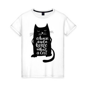 Женская футболка хлопок с принтом Черный кот в Курске, 100% хлопок | прямой крой, круглый вырез горловины, длина до линии бедер, слегка спущенное плечо | кот | котенок | кошка | мяу