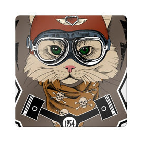 Магнит виниловый Квадрат с принтом Кот-гонщик в Курске, полимерный материал с магнитным слоем | размер 9*9 см, закругленные углы | гонки | кот | котенок | кошка | мотоцикл | мяу | шлем