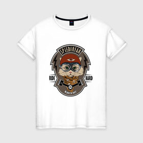 Женская футболка хлопок с принтом Кот-гонщик в Курске, 100% хлопок | прямой крой, круглый вырез горловины, длина до линии бедер, слегка спущенное плечо | гонки | кот | котенок | кошка | мотоцикл | мяу | шлем