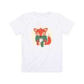 Детская футболка хлопок с принтом Лисица с чаем в Курске, 100% хлопок | круглый вырез горловины, полуприлегающий силуэт, длина до линии бедер | Тематика изображения на принте: лиса | лисенок | лисица | лисичка
