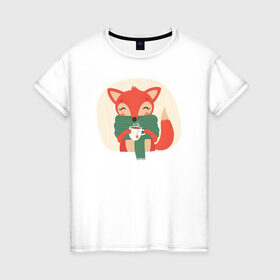 Женская футболка хлопок с принтом Лисица с чаем в Курске, 100% хлопок | прямой крой, круглый вырез горловины, длина до линии бедер, слегка спущенное плечо | лиса | лисенок | лисица | лисичка