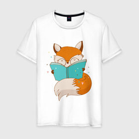 Мужская футболка хлопок с принтом Лисица с книгой в Курске, 100% хлопок | прямой крой, круглый вырез горловины, длина до линии бедер, слегка спущенное плечо. | Тематика изображения на принте: лиса | лисенок | лисица | лисичка