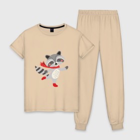 Женская пижама хлопок с принтом Новогодний Енот в Курске, 100% хлопок | брюки и футболка прямого кроя, без карманов, на брюках мягкая резинка на поясе и по низу штанин | 