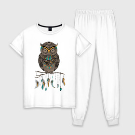 Женская пижама хлопок с принтом Совушка в Курске, 100% хлопок | брюки и футболка прямого кроя, без карманов, на брюках мягкая резинка на поясе и по низу штанин | сова | филин