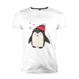 Мужская футболка премиум с принтом Пингвин в шапке в Курске, 92% хлопок, 8% лайкра | приталенный силуэт, круглый вырез ворота, длина до линии бедра, короткий рукав | Тематика изображения на принте: christmas | new year | winter | зима | новый год | пингвин | рождество