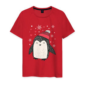 Мужская футболка хлопок с принтом Пингвин в шапке в Курске, 100% хлопок | прямой крой, круглый вырез горловины, длина до линии бедер, слегка спущенное плечо. | Тематика изображения на принте: christmas | new year | winter | зима | новый год | пингвин | рождество