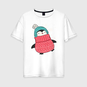 Женская футболка хлопок Oversize с принтом Зимний пингвин в Курске, 100% хлопок | свободный крой, круглый ворот, спущенный рукав, длина до линии бедер
 | christmas | new year | winter | зима | новый год | пингвин | рождество