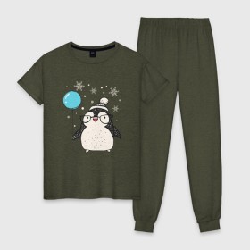 Женская пижама хлопок с принтом Пингвин с шариком в Курске, 100% хлопок | брюки и футболка прямого кроя, без карманов, на брюках мягкая резинка на поясе и по низу штанин | Тематика изображения на принте: christmas | new year | winter | зима | новый год | пингвин | рождество