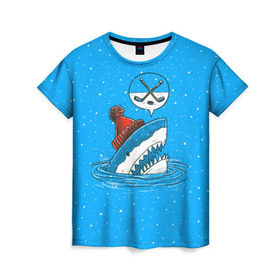Женская футболка 3D с принтом Акула хоккейный фанат в Курске, 100% полиэфир ( синтетическое хлопкоподобное полотно) | прямой крой, круглый вырез горловины, длина до линии бедер | fan | fish | hochey | ocean | predator | sea | shark | water | акула | вода | игра | лед | море | океан | рыба | фанат | хищник | хоккей | шайба