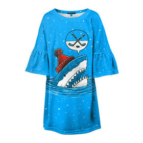 Детское платье 3D с принтом Акула хоккейный фанат в Курске, 100% полиэстер | прямой силуэт, чуть расширенный к низу. Круглая горловина, на рукавах — воланы | Тематика изображения на принте: fan | fish | hochey | ocean | predator | sea | shark | water | акула | вода | игра | лед | море | океан | рыба | фанат | хищник | хоккей | шайба