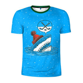 Мужская футболка 3D спортивная с принтом Акула хоккейный фанат в Курске, 100% полиэстер с улучшенными характеристиками | приталенный силуэт, круглая горловина, широкие плечи, сужается к линии бедра | Тематика изображения на принте: fan | fish | hochey | ocean | predator | sea | shark | water | акула | вода | игра | лед | море | океан | рыба | фанат | хищник | хоккей | шайба