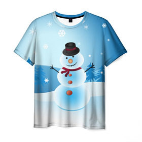 Мужская футболка 3D с принтом Снеговик в Курске, 100% полиэфир | прямой крой, круглый вырез горловины, длина до линии бедер | дед мороз | зима | новый год | праздник | снеговик | снежинки