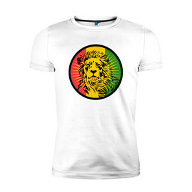 Мужская футболка премиум с принтом Ямайский лев в Курске, 92% хлопок, 8% лайкра | приталенный силуэт, круглый вырез ворота, длина до линии бедра, короткий рукав | лев | раста | ямайка