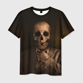 Мужская футболка 3D с принтом Скелет в пиджаке в Курске, 100% полиэфир | прямой крой, круглый вырез горловины, длина до линии бедер | кости | пиджак | скелет | ужас | череп