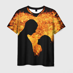 Мужская футболка 3D с принтом Огненная любовь в Курске, 100% полиэфир | прямой крой, круглый вырез горловины, длина до линии бедер | любовь | огонь | пламя | сердце | танец