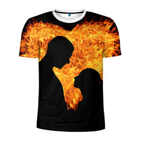 Мужская футболка 3D спортивная с принтом Огненная любовь в Курске, 100% полиэстер с улучшенными характеристиками | приталенный силуэт, круглая горловина, широкие плечи, сужается к линии бедра | любовь | огонь | пламя | сердце | танец