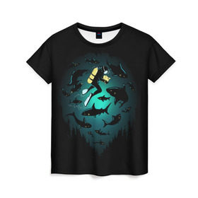 Женская футболка 3D с принтом Подводный мир в Курске, 100% полиэфир ( синтетическое хлопкоподобное полотно) | прямой крой, круглый вырез горловины, длина до линии бедер | fish | ocean | predator | sea | shark | under | акула | вода | дайвер | дайвинг | море | океан | рыба | хищник