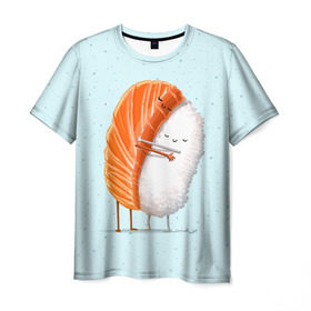 Мужская футболка 3D с принтом Суши друзья в Курске, 100% полиэфир | прямой крой, круглый вырез горловины, длина до линии бедер | Тематика изображения на принте: china | eat | fish | food | japan | sushi | лосось | прикол | рис | ролл | рыба | суши
