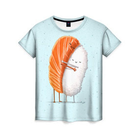 Женская футболка 3D с принтом Суши друзья в Курске, 100% полиэфир ( синтетическое хлопкоподобное полотно) | прямой крой, круглый вырез горловины, длина до линии бедер | china | eat | fish | food | japan | sushi | лосось | прикол | рис | ролл | рыба | суши