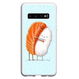 Чехол для Samsung Galaxy S10 с принтом Суши друзья в Курске, Силикон | Область печати: задняя сторона чехла, без боковых панелей | Тематика изображения на принте: china | eat | fish | food | japan | sushi | лосось | прикол | рис | ролл | рыба | суши