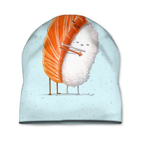 Шапка 3D с принтом Суши друзья в Курске, 100% полиэстер | универсальный размер, печать по всей поверхности изделия | Тематика изображения на принте: china | eat | fish | food | japan | sushi | лосось | прикол | рис | ролл | рыба | суши