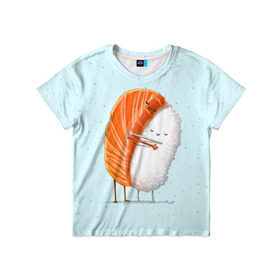 Детская футболка 3D с принтом Суши друзья в Курске, 100% гипоаллергенный полиэфир | прямой крой, круглый вырез горловины, длина до линии бедер, чуть спущенное плечо, ткань немного тянется | china | eat | fish | food | japan | sushi | лосось | прикол | рис | ролл | рыба | суши