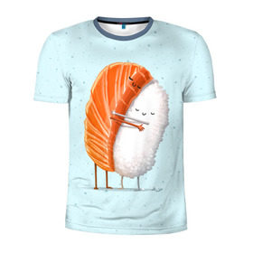 Мужская футболка 3D спортивная с принтом Суши друзья в Курске, 100% полиэстер с улучшенными характеристиками | приталенный силуэт, круглая горловина, широкие плечи, сужается к линии бедра | china | eat | fish | food | japan | sushi | лосось | прикол | рис | ролл | рыба | суши