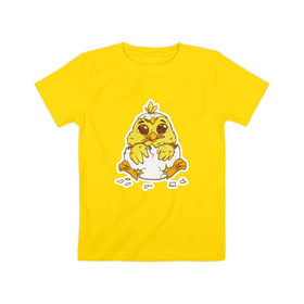 Детская футболка хлопок с принтом Цыпленок в Курске, 100% хлопок | круглый вырез горловины, полуприлегающий силуэт, длина до линии бедер | Тематика изображения на принте: желтый | мультяшка | рисунок | цыпленок | яйца