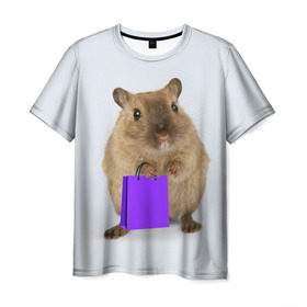Мужская футболка 3D с принтом Хомяк с сумкой в Курске, 100% полиэфир | прямой крой, круглый вырез горловины, длина до линии бедер | грызун | животные | крыса | мышь | хомяк | яблоко