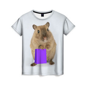 Женская футболка 3D с принтом Хомяк с сумкой в Курске, 100% полиэфир ( синтетическое хлопкоподобное полотно) | прямой крой, круглый вырез горловины, длина до линии бедер | грызун | животные | крыса | мышь | хомяк | яблоко
